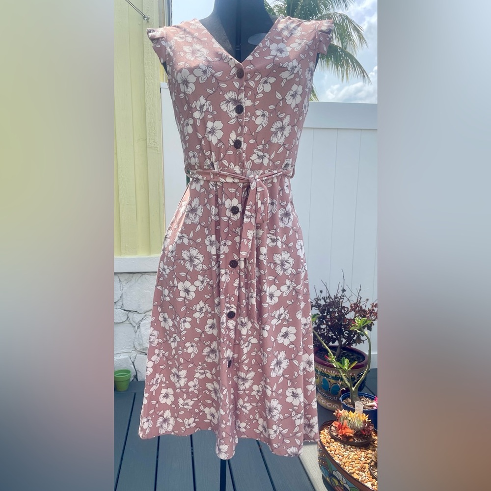 Dusty rose flowered calf length dress with belt